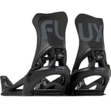Flux Women's DS Step On Snowboard Binding - A pair of black snowboard bindings with a gray "FLUX" logo on top, featuring a step-on design and adjustable straps.