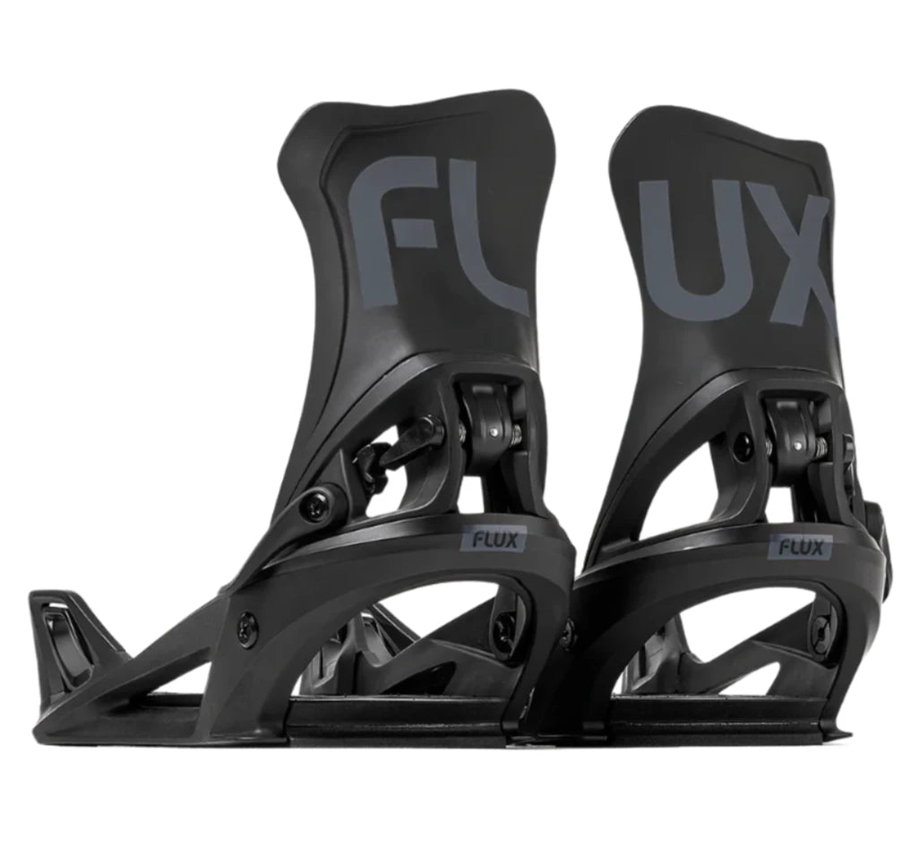 Flux Women's DS Step On Snowboard Binding - A pair of black snowboard bindings with a gray "FLUX" logo on top, featuring a step-on design and adjustable straps.