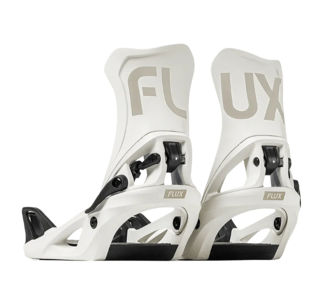 Flux DS Step On Snowboard Binding - A pair of white snowboard bindings with black buckles and a gray logo on top.