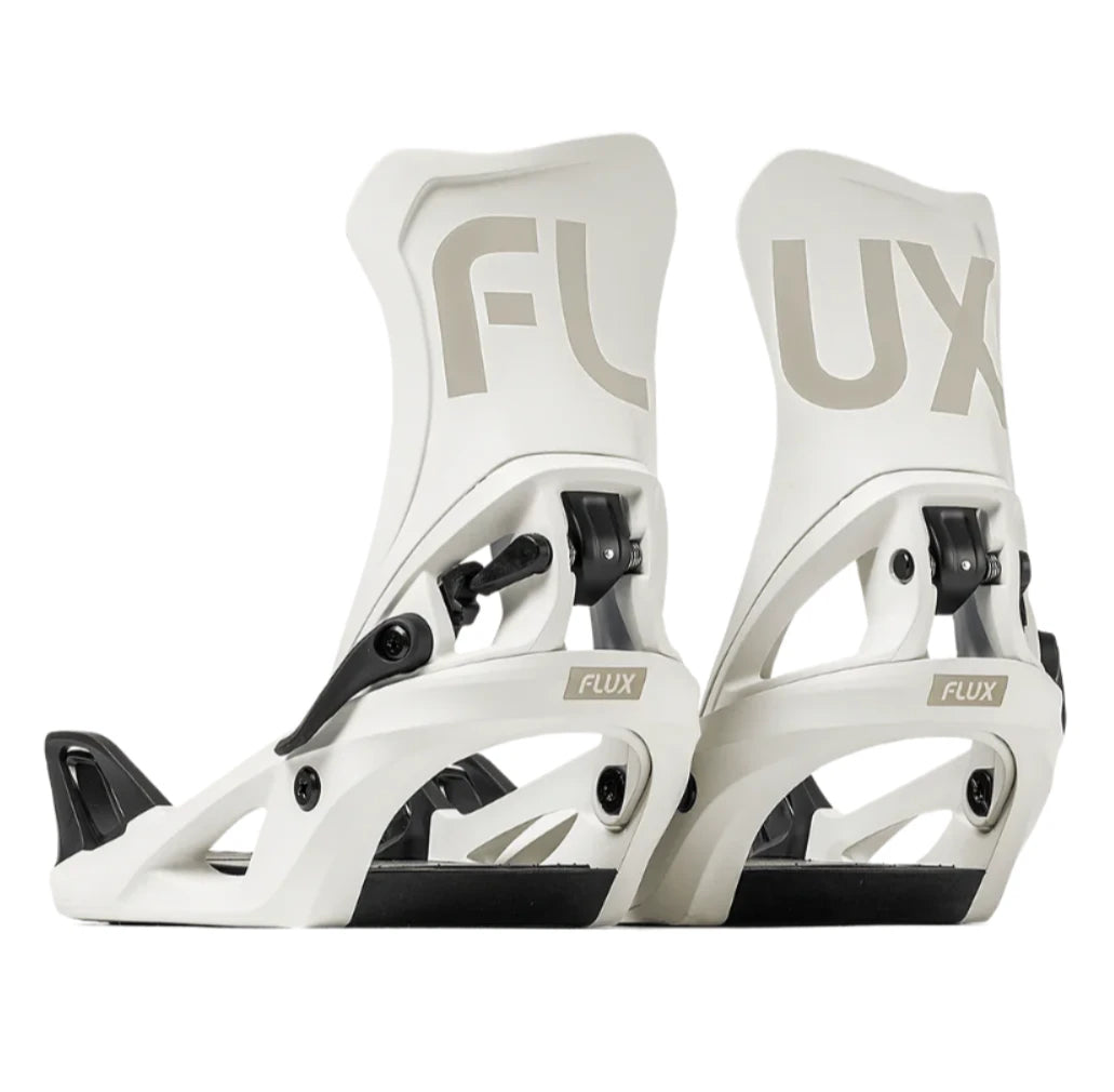 Flux Women's DS Step On Snowboard Binding - A pair of white snowboard bindings with black buckles and straps, featuring a "FLUX" logo on top in large gray letters.