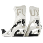 Flux Women's DS Step On Snowboard Binding - A pair of white snowboard bindings with black buckles and straps, featuring a "FLUX" logo on top in large gray letters.