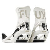 Flux Women's DS Step On Snowboard Binding - A pair of white snowboard bindings with black buckles and straps, featuring a "FLUX" logo on top in large gray letters.