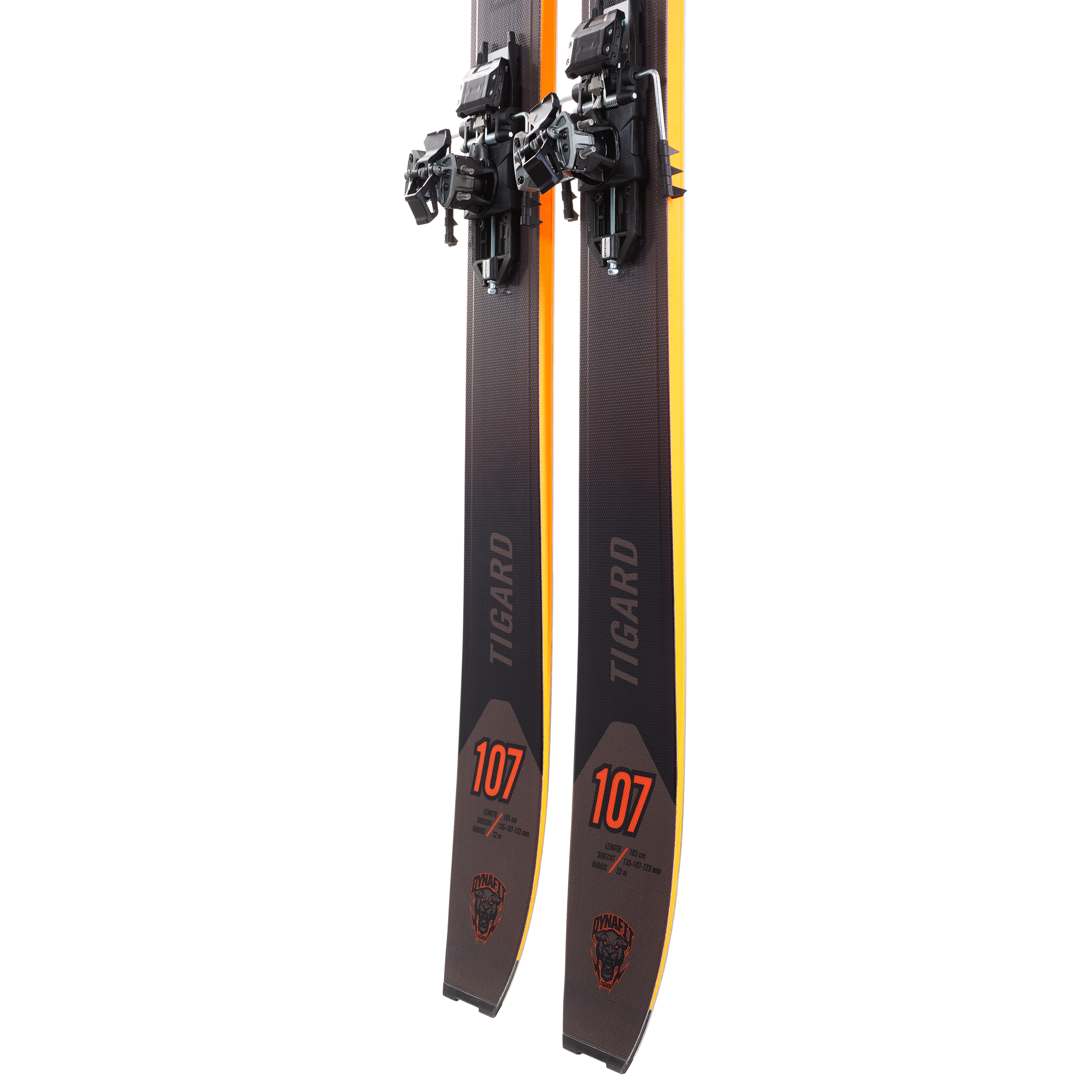 Dynafit Tigard 107 Flat Ski 2025 - A pair of black skis with orange accents and a distinctive tiger logo on the tip.