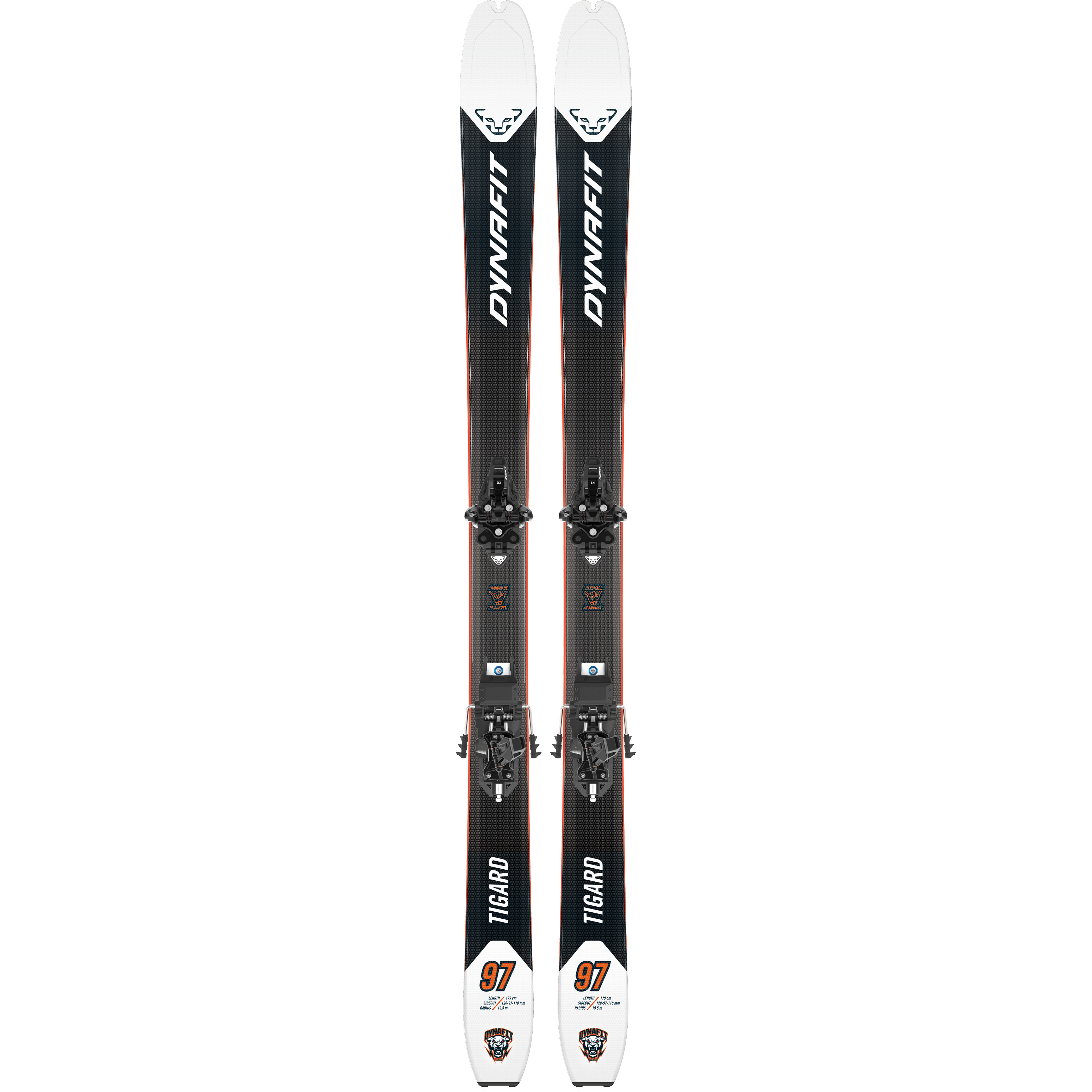 Dynafit - Tigard 97 Flat Skis 2025 with black and white color scheme, featuring a distinctive Dynafit logo on top of each ski.