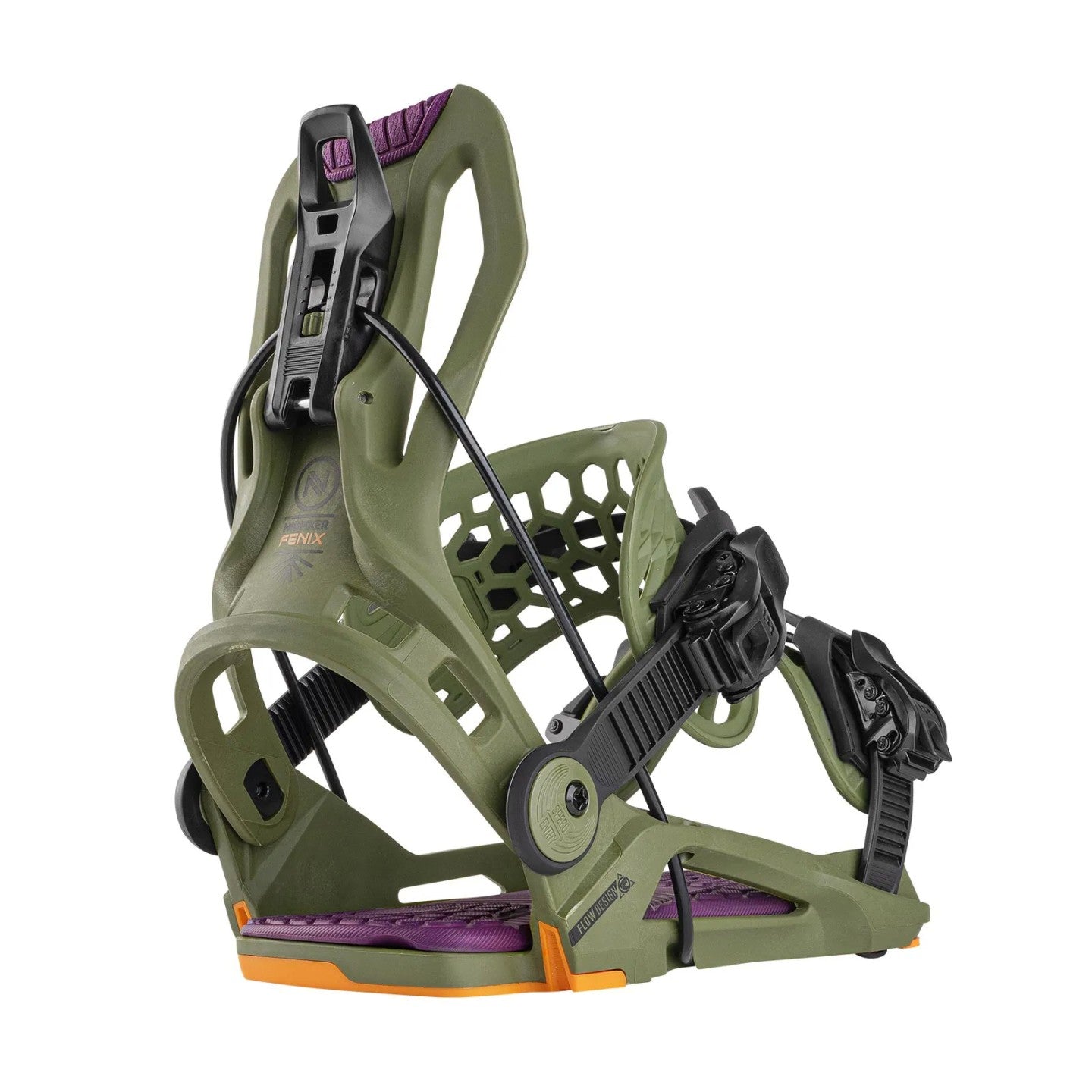 Flow Fenix - Olive green snowboard binding with purple accents on straps and baseplate.