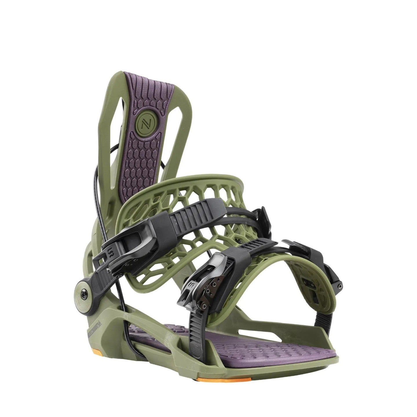 Flow Fenix Snowboard Binding - 2025 model with olive green baseplate and black buckles.