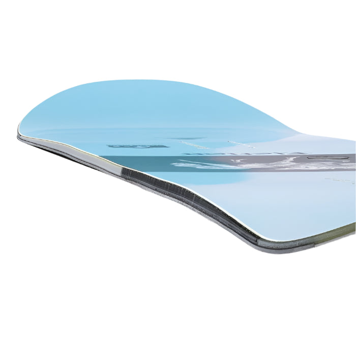 GNU Women's Fiction Snowboard 2026 - A light blue snowboard with a white stripe down the middle and black bindings.