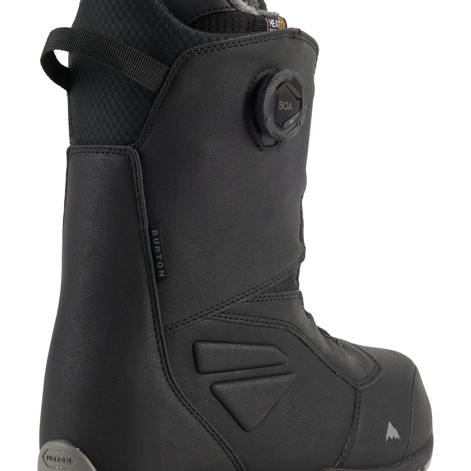 Black snowboard boots with BOA dial and high-ankle cushioning, side view