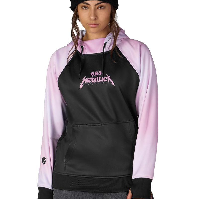 Women's bonded fleece hoody, lilac sleeves and black front with Metallica graphic.