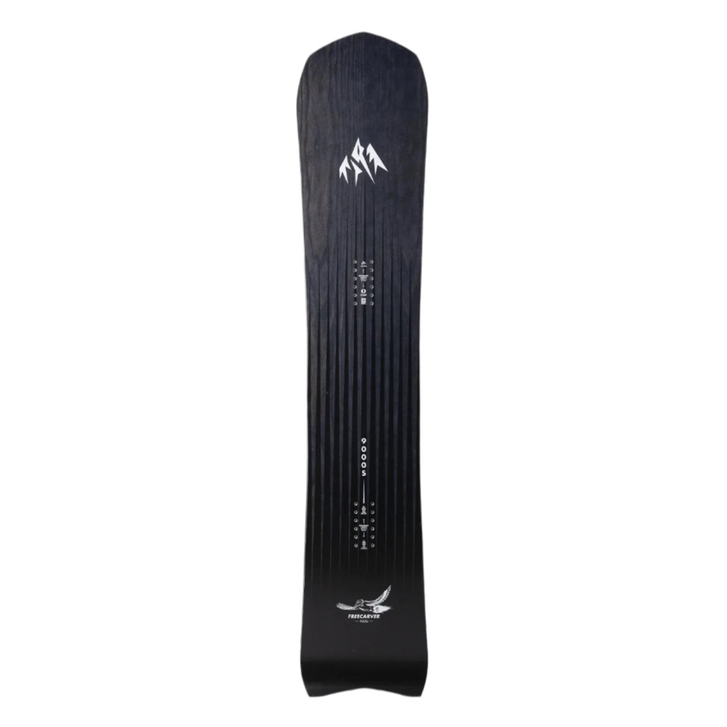 Jones Freecarver 9000s Snowboard 2025 - A black snowboard with a white logo featuring three stylized mountain peaks at the top, and a small white bird in flight near the bottom.