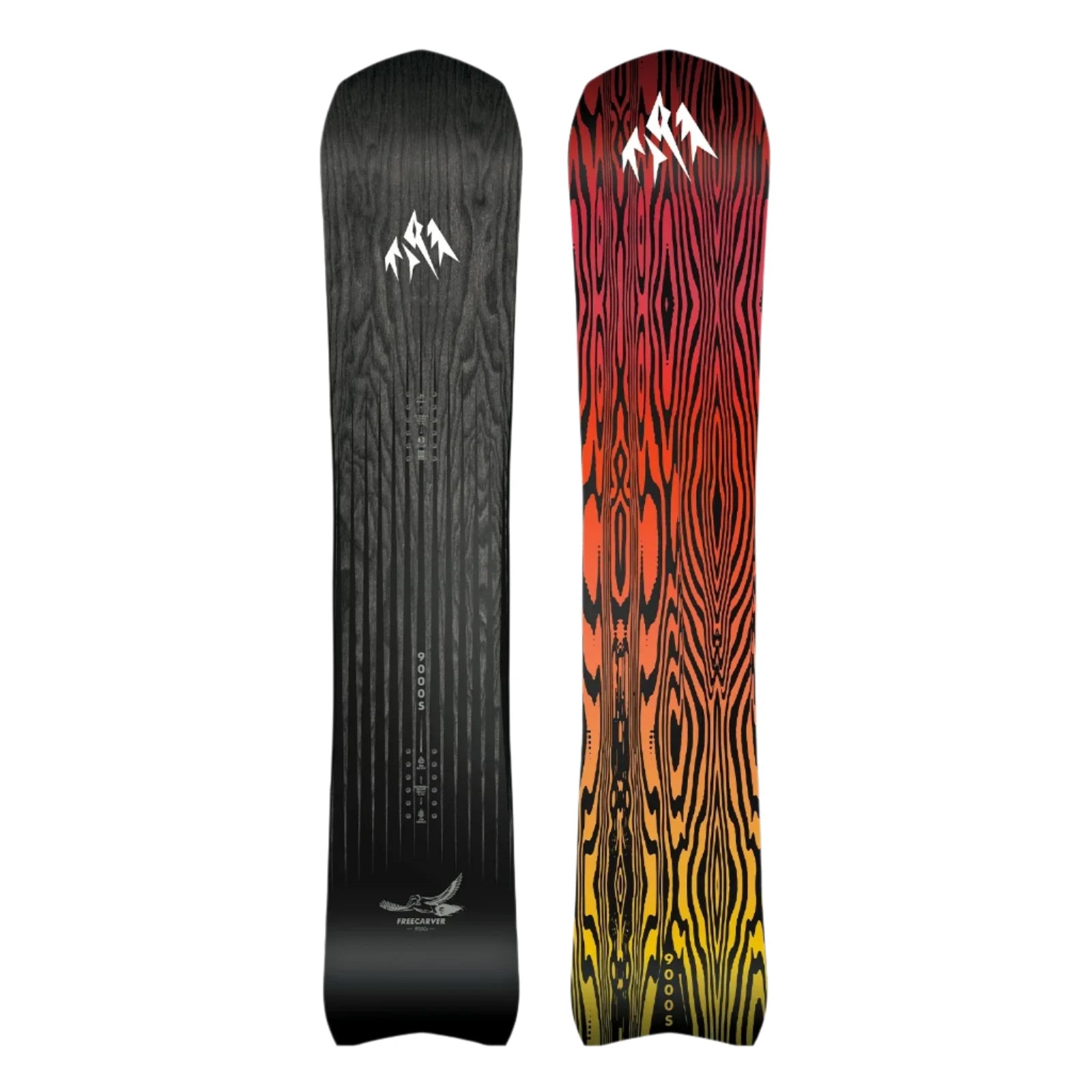 Jones Freecarver 9000s Snowboard 2025 - A black snowboard with a wood grain pattern and white logo at top center.