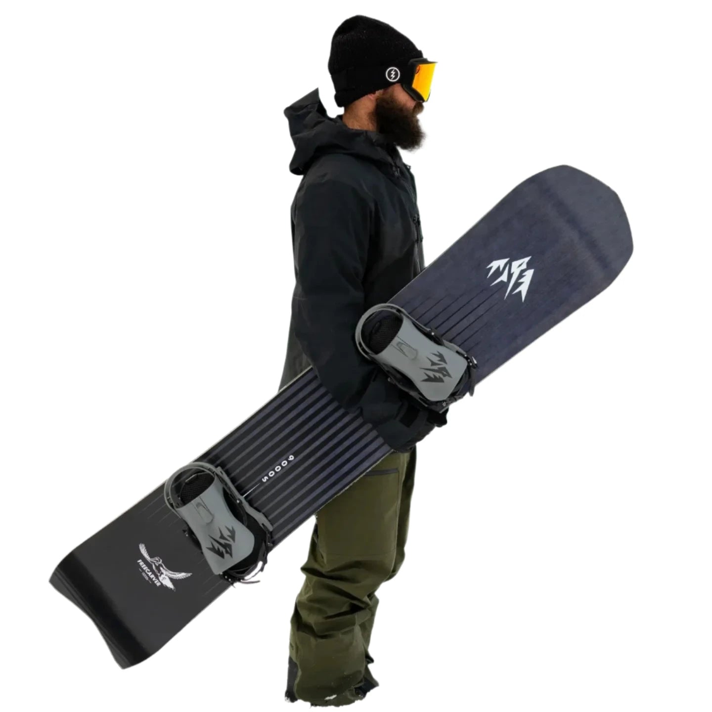 Jones Freecarver 9000s Snowboard 2025 - A black snowboard with white lettering and logos, featuring a distinctive "F" logo on top of the board.