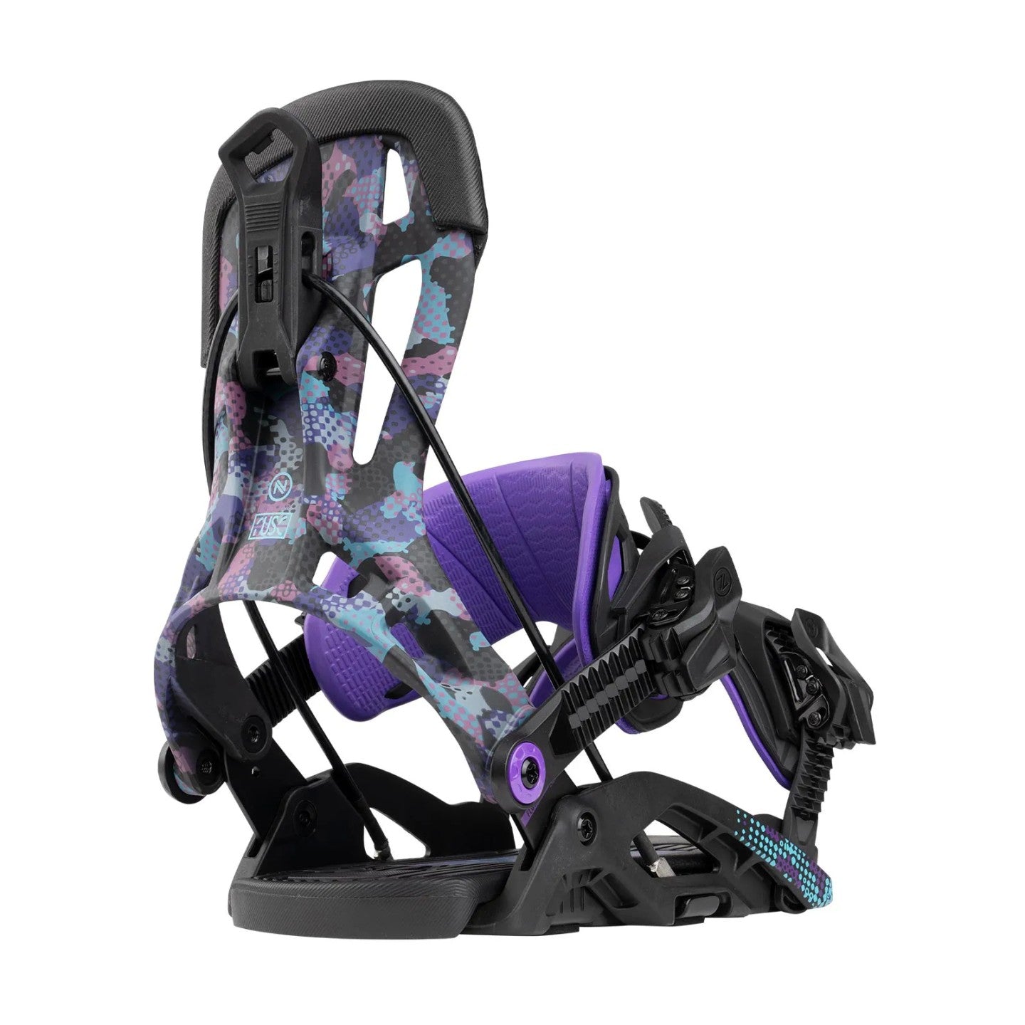 Flow Fuse Fusion Snowboard Binding - A black snowboard binding with purple accents, featuring a camouflage pattern of pink and blue dots on its baseplate.