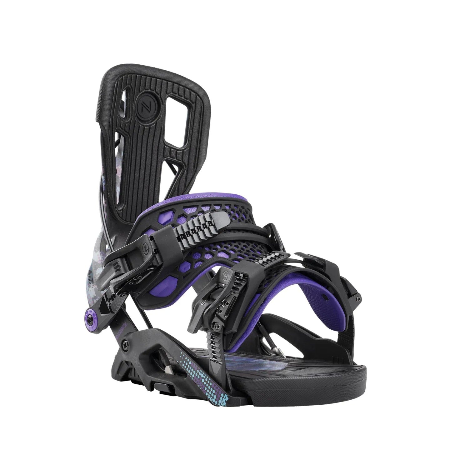 Flow Fuse Fusion Snowboard Binding - 2025 model with black straps and a purple logo on the strap buckle.