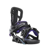 Flow Fuse Fusion Snowboard Binding - 2025 model with black straps and a purple logo on the strap buckle.