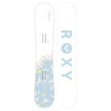 Roxy Women's Dawn Snowboard 2026 - White snowboard with blue floral pattern on bottom.