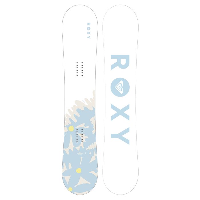 Roxy Women's Dawn Snowboard 2026 - White snowboard with blue floral pattern on bottom.