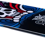 Lib Tech Jamie Lynn Snowboard 2026 - A black snowboard with a white skull graphic on top of blue swirls and red stripes.