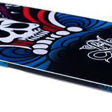 Lib Tech Jamie Lynn Snowboard 2026 - A black snowboard with a white skull graphic on top of blue swirls and red stripes.