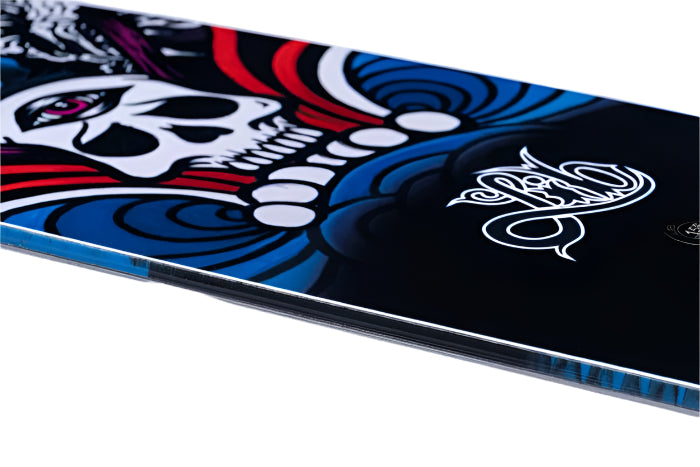 Lib Tech Jamie Lynn Snowboard 2026 - A black snowboard with a white skull graphic on top of blue swirls and red stripes.
