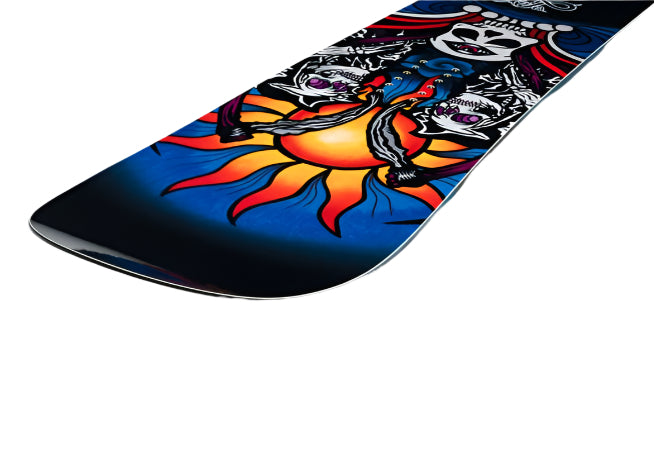 Lib Tech Jamie Lynn Snowboard 2026 - A blue snowboard with a large yellow sun and black bird in front of it.