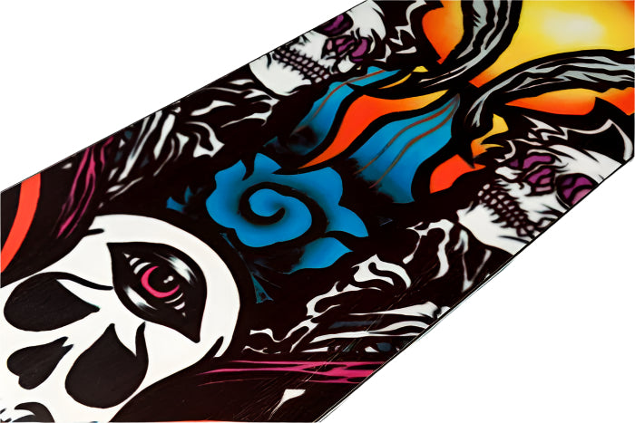Lib Tech Jamie Lynn Snowboard 2026 - A snowboard with a black background and white, pink, blue, orange, and yellow graphics.