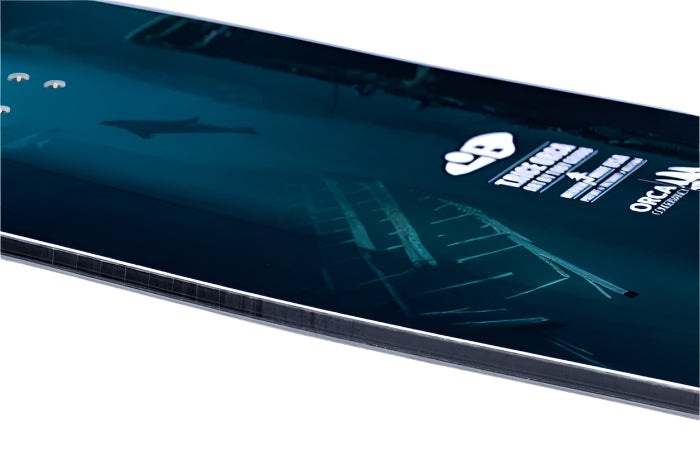 Lib Tech Orca Snowboard 2026 - A dark blue snowboard with a white logo and text on top, featuring a shark fin design.