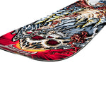 Lib Tech Mayhem Rocket Snowboard 2026 - A snowboard with a black base and white, red, and yellow graphics of a skull wearing goggles and a helmet.
