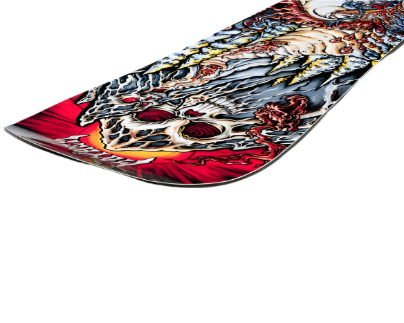 Lib Tech Mayhem Rocket Snowboard 2026 - A snowboard with a black base and white, red, and yellow graphics of a skull wearing goggles and a helmet.