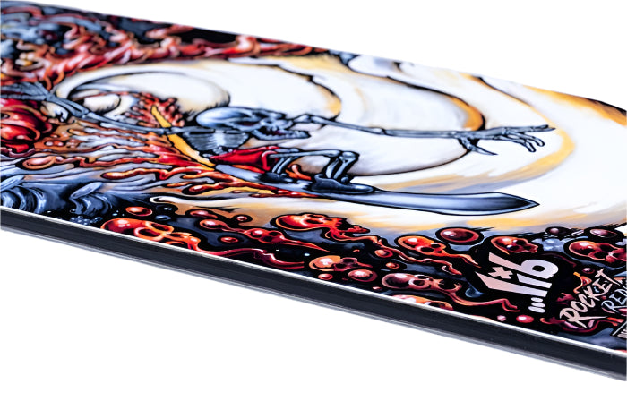 Lib Tech Mayhem Rocket Snowboard 2026 - A snowboard with a white base and red, black, and yellow graphics of a rocket ship blasting off into space.