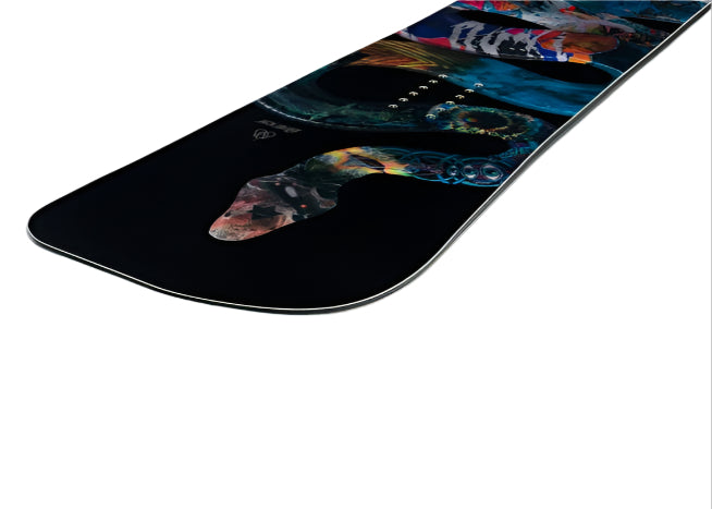 Lib Tech T Rice Pro Snowboard 2026 - A black snowboard with a colorful abstract design on top, featuring a man's face and a mountain landscape.