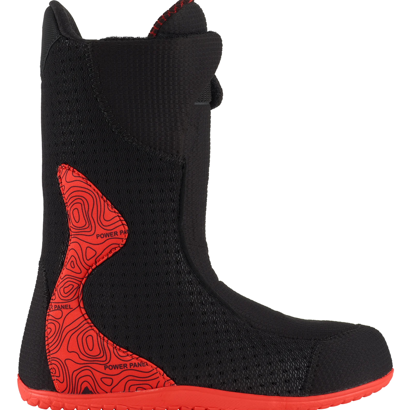 Black snowboard boot with red side graphic and textured tread outsole.