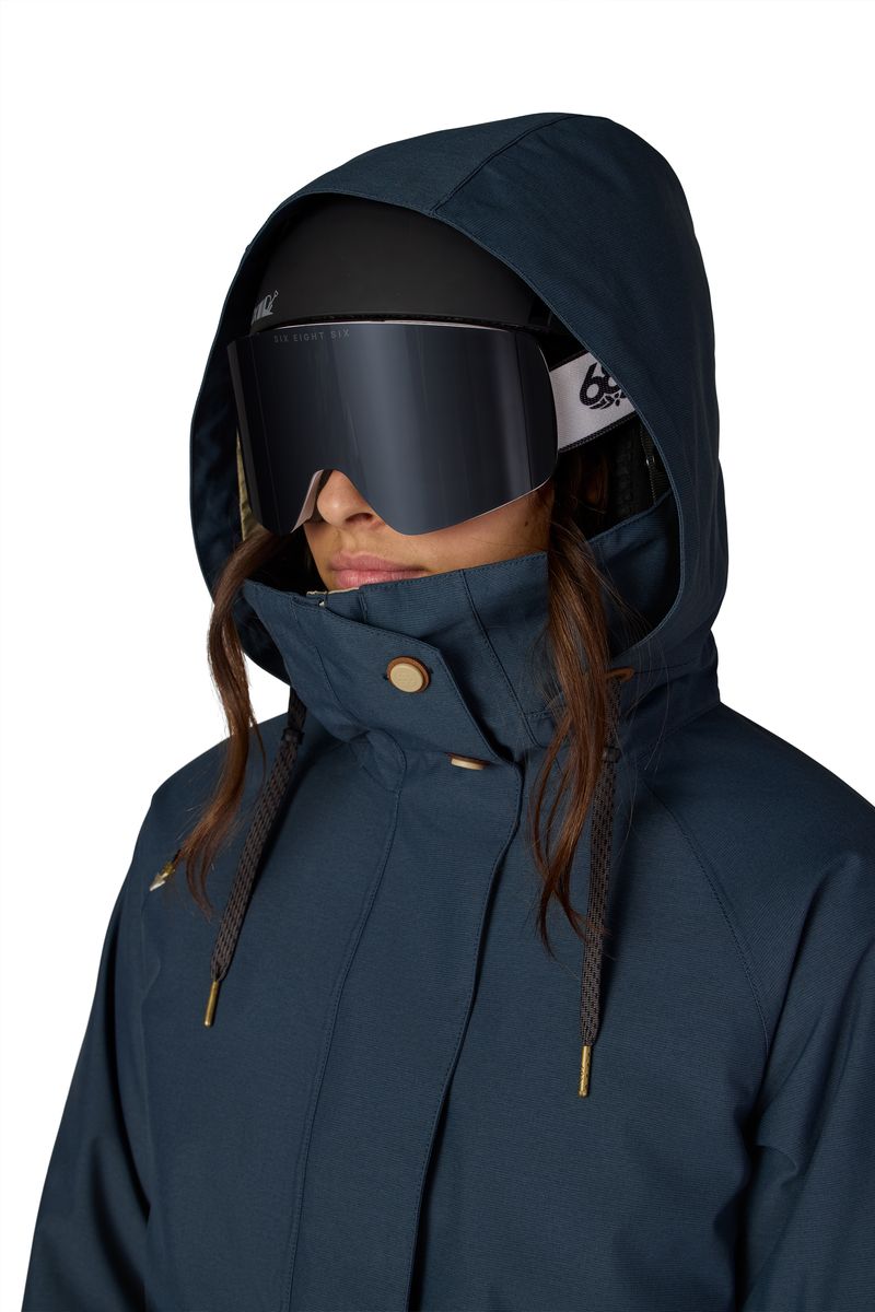 Women's 3-in-1 jacket in dark navy, hooded face close-up with goggles