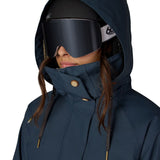 Women's 3-in-1 jacket in dark navy, hooded face close-up with goggles