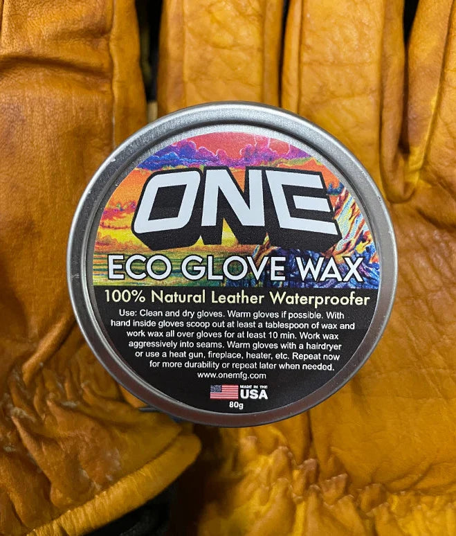 Oneball Leather Waterproofing Glove Wax - A round tin of wax with a label that says "ONE" in large white letters, and below it, "ECO GLOVE WAX", on top of an image of a pair of brown leather gloves.
