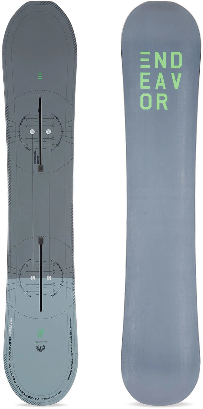 Endeavor Pioneer Snowboard 2022 - A gray snowboard with a black logo and white lettering on top.
