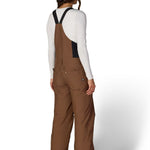 Women’s insulated brown bib overalls, back view with suspenders and ankle cuff details.