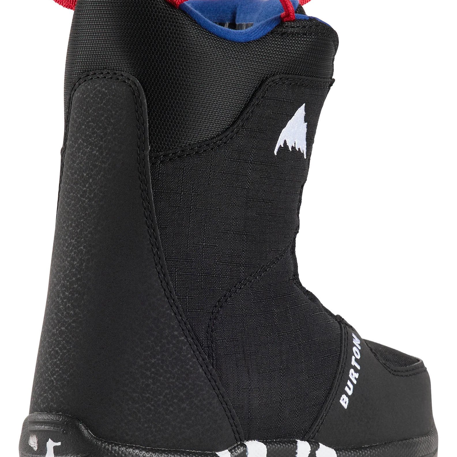 Kids BOA snowboard boots, black side view with white logo and grippy sole