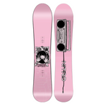 Nitro Women's Alternator x Hailey Snowboard 2026 - A pink snowboard with a black and white graphic of a woman's face, surrounded by various objects including a camera, headphones, and a microphone.