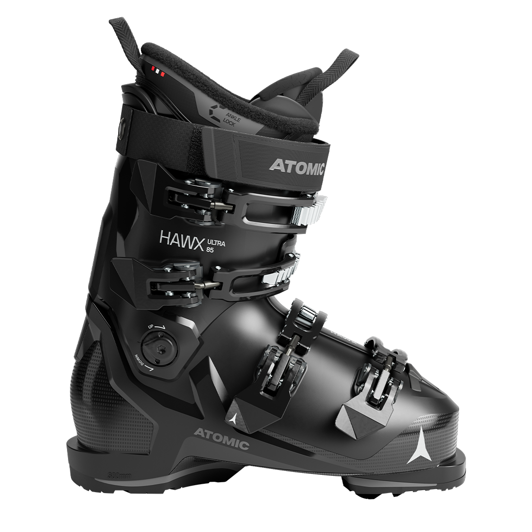 Atomic Women's Hawx Ultra 85 Ski Boots - Black ski boots with a sleek, modern design and silver buckles.