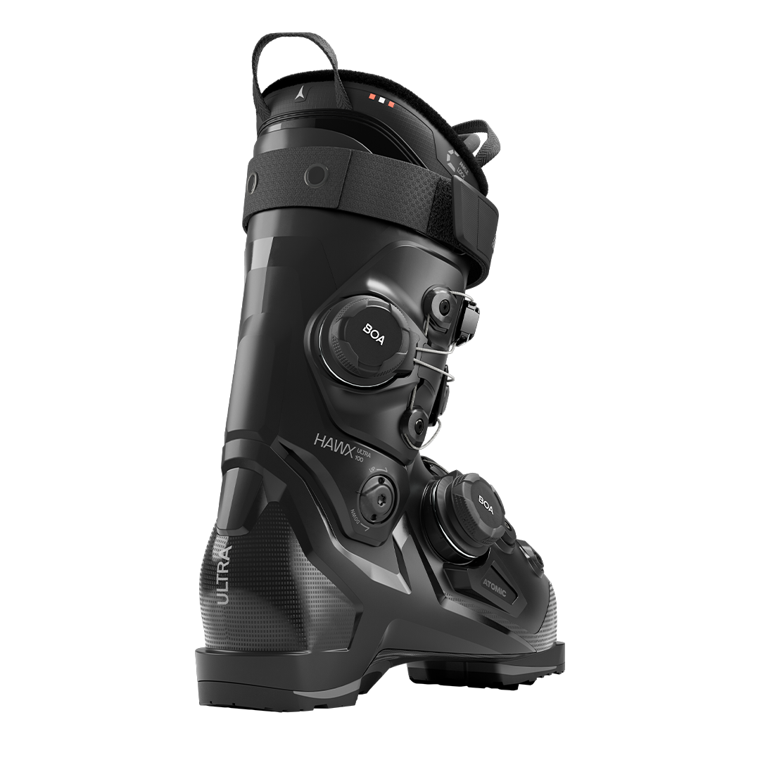 Atomic Hawx Ultra 100 Dual Ski Boot - Black ski boot with a sleek, modern design and silver buckles.
