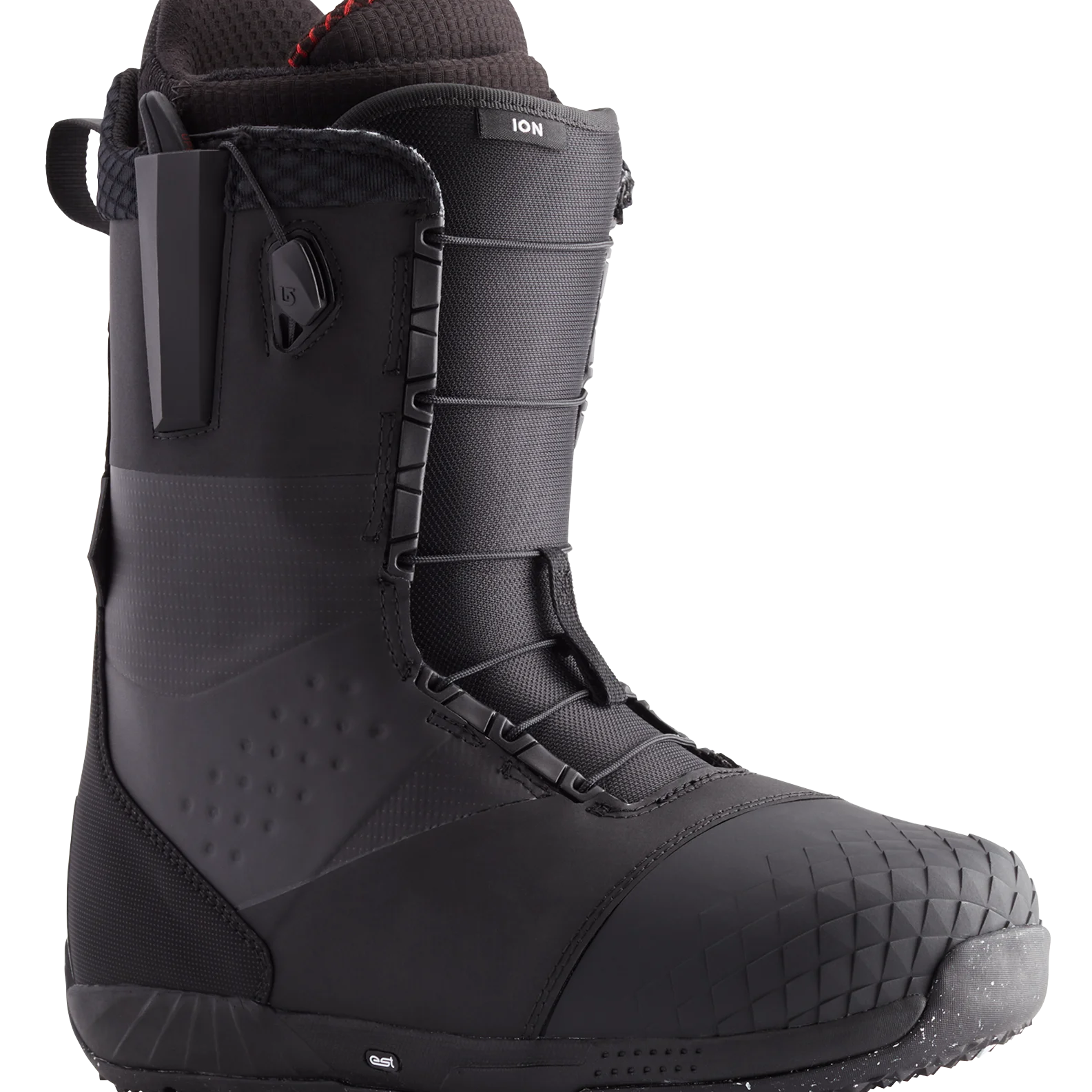 Black snowboard boot with side strap and padded collar.