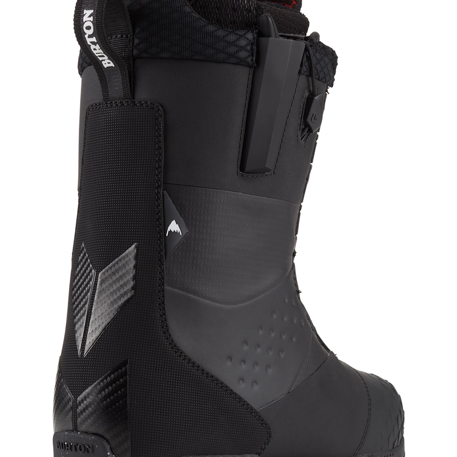 Black snowboard boot with side panel straps and high padded collar.