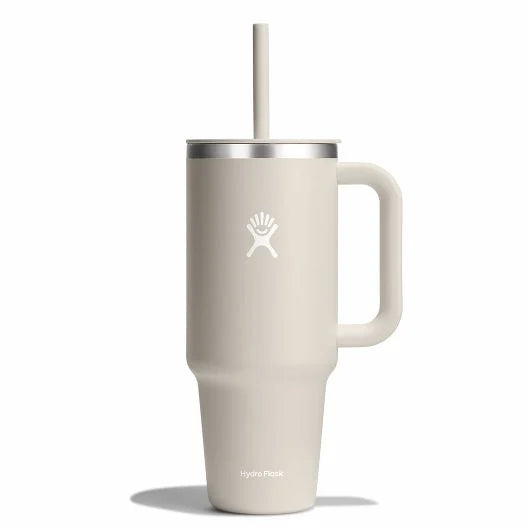 Hydro Flask 40oz All Around Travel Tumbler - A large, off-white tumbler with a straw and handle.