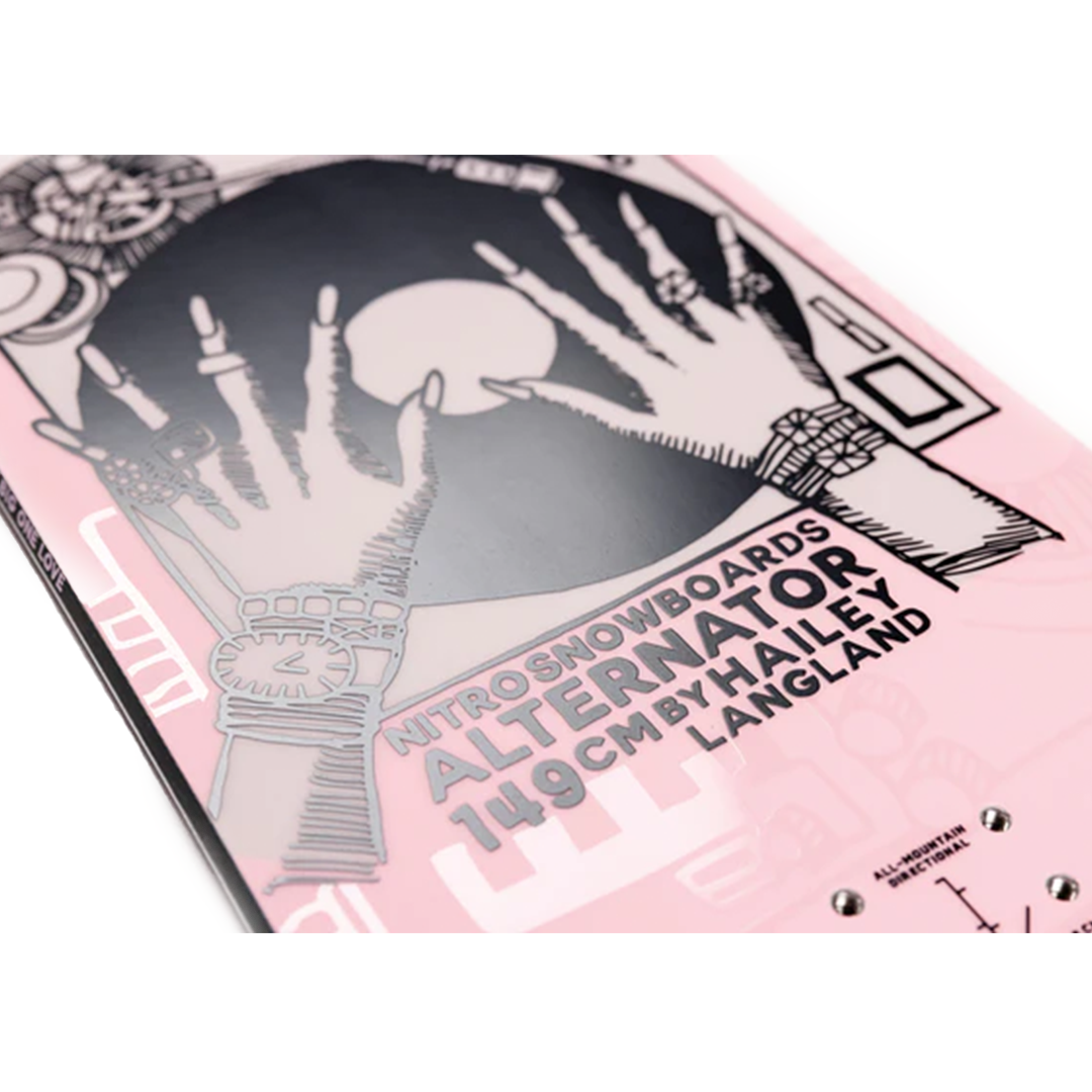 Nitro Women's Alternator x Hailey Snowboard 2026 - A pink snowboard with a black graphic of a woman's face and hands on top, featuring a white circle in her hair.