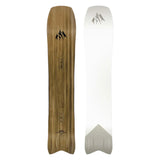 Jones Hovercraft 2.0 Snowboard 2025 - A light-colored snowboard with a wood grain pattern on its top surface, featuring a distinctive logo at the top and a small graphic near the bottom.