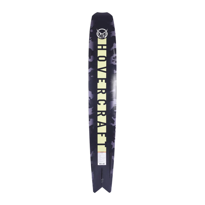 HO Hovercraft Water Ski 2024 - A black water ski with a white logo at the top and a camouflage pattern on its body.