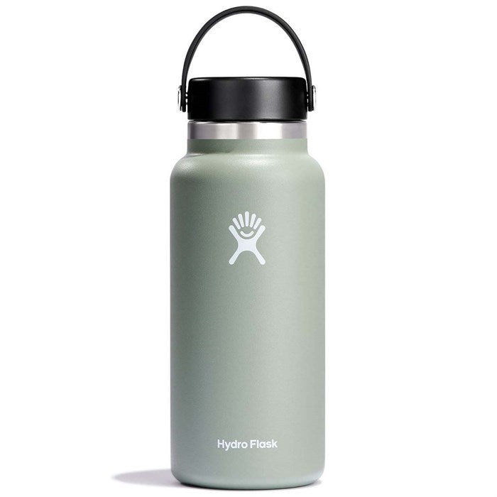 Hydro Flask 32oz Wide Mouth Water Bottle - A wide-mouthed water bottle with a screw-on lid, featuring a silver-colored finish and a handle on top.