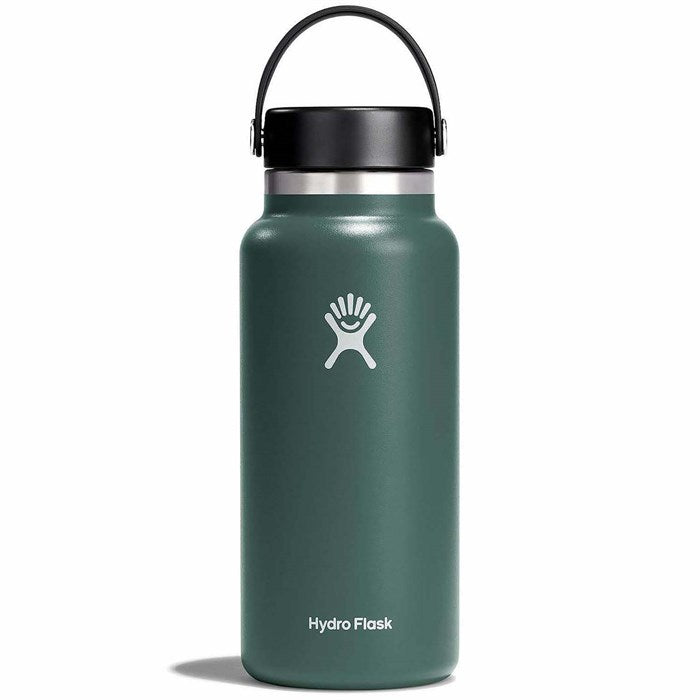 Hydro Flask 32oz Wide Mouth Water Bottle - A dark green water bottle with a black lid and handle, featuring a wide mouth opening.