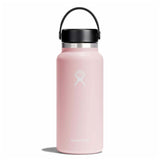 Hydro Flask 32oz Wide Mouth Water Bottle - A light-colored water bottle with a wide mouth and a black lid, featuring a logo on its side.